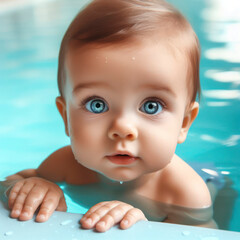 Fototapeta na wymiar a small child learns to swim in the pool, baby swimming, blue water. ai generative