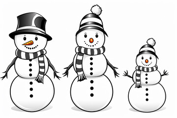 Snowmen in a horizontal row, Christmas Holiday, Winter illustration, vector illustration flat style background, banner, wallpaper, space for text