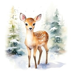 Watercolor merry christmas character deer illustration 