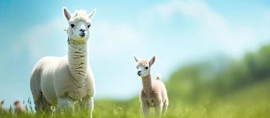 Foto auf Alu-Dibond On a sunny summer day a mother and her child are standing alongside a young white llama on a vibrant green field © AkuAku