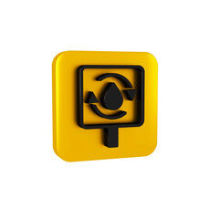 Black Recycle clean aqua icon isolated on transparent background. Drop of water with sign recycling. Yellow square button.
