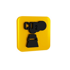 Black CO2 emissions in cloud icon isolated on transparent background. Carbon dioxide formula, smog pollution concept, environment concept. Yellow square button.
