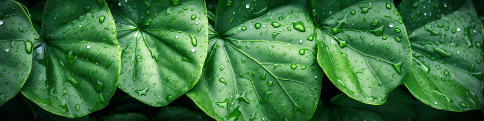 Green leaves with water droplets - obrazy, fototapety, plakaty