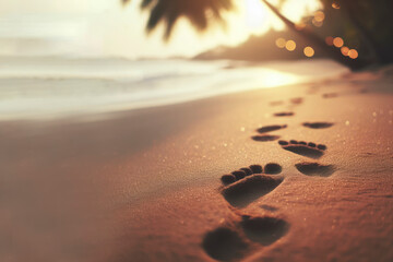 footprints in the sand with a blurred bokeh background of tropical surroundings. ai generative - obrazy, fototapety, plakaty