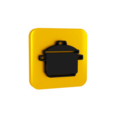 Black Cooking pot icon isolated on transparent background. Boil or stew food symbol. Yellow square button.
