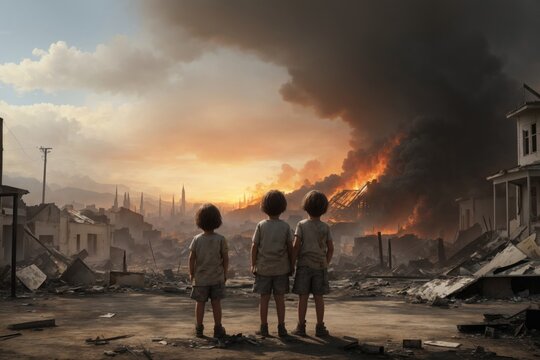 painting of children watching over their burned down hometown. ai generative