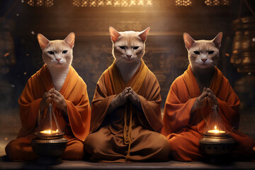 Three cats characterized as Buddhist monks meditating