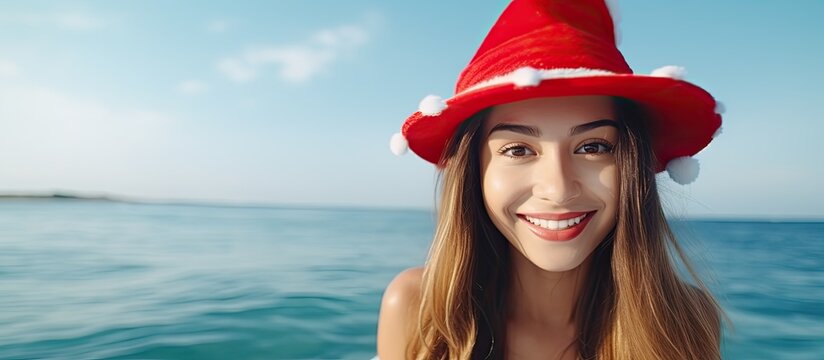 Close up picture of a joyful Caucasian woman with flowing hair wearing a Santa hat gazing directly at the camera and displaying a pleasant expression Adorable portrait of a woman wearing a 