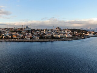 Fototapeta premium Istanbul, Turkey. Sultanahmet with the Blue Mosque and the Hagia Sophia (Ayasofya) with a Golden Hornt. Topkapi Palace aerial view. 