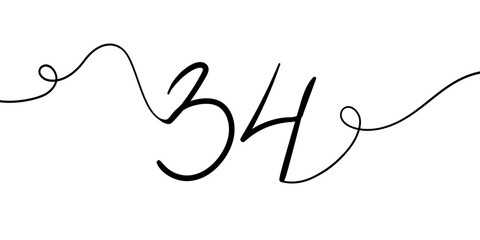 Number 34 line art drawing on white background. 34th birthday continuous drawing contour. Minimal vector illustration