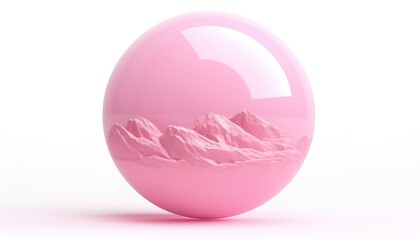 Pink globe on white background with pink desert inside, reflection
