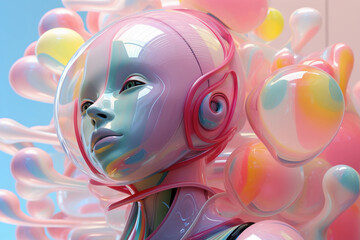 Robot girl, background made of plastic figures and liquids in pastel colors. AI Generative