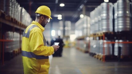 manager is counting chemical barrels. Metal barrels in front of warehouse worker. Manager in yellow uniform. Blurred racks in background. Work in chemical industry. Warehouse worker with tablet  - obrazy, fototapety, plakaty