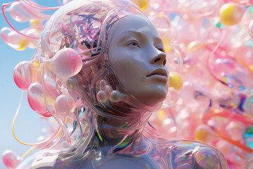 Woman robot, future, background made of plastic bubbles and liquids in pastel colors