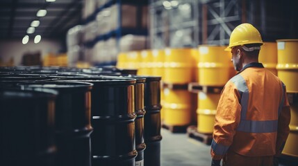 manager is counting chemical barrels. Metal barrels in front of warehouse worker. Manager in yellow uniform. Blurred racks in background. Work in chemical industry. Warehouse worker with tablet 