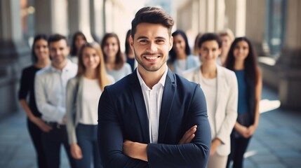 Corporate Confidence: Young Smiling Businessman with His Team in the Background. Generative ai - obrazy, fototapety, plakaty