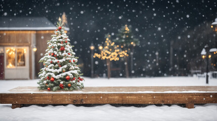 Obraz premium christmas tree and snowman. Empty of white wood table top on blur night town, cityscape backgrounds and snowy.
