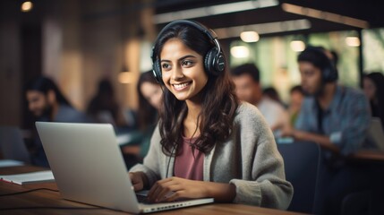 Academic Diversity: South Asian Female Student Engages in IT Learning at College. Generative ai - obrazy, fototapety, plakaty