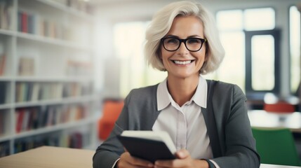 Educational Innovations: Middle-Aged Female Teacher with Tablet at School Office. Generative ai