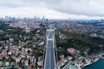 Aerial photo of the Bosphorus Bridge, Istanbul. aerial view of suspension bridge - obrazy, fototapety, plakaty