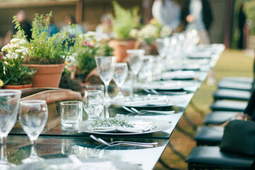 Outdoor dining setup for a sophisticated event featuring crystal glassware, polished plates, and a rustic wooden centerpiece surrounded by fresh potted herbs