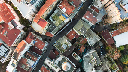 A city view with many buildings and a street. Top view of Istanbul streets. top view of buildings...