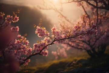 Blooming sakura tree branches. Spring nature. Delicate pink flowers macro. The morning sun shines softly through the mist. Japanese cherry blossoms. Generative AI
