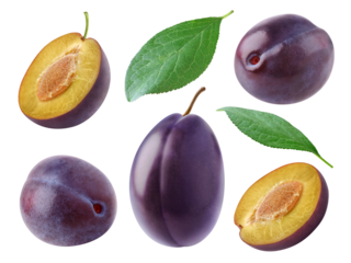 Collection of whole and cut blue plum fruits and leaves cutout