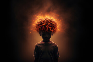 An artistic portrayal of a child with illuminating lights in the brain area against a dark setting, embodying the diversity of neurological experiences - obrazy, fototapety, plakaty