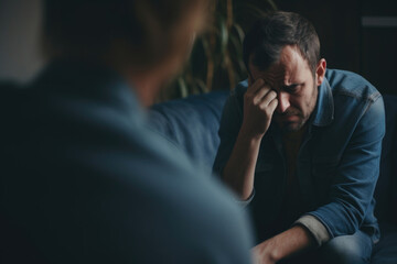 Seated across a therapist, a man grapples with his emotions, delving deep into his psyche, seeking understanding and guidance