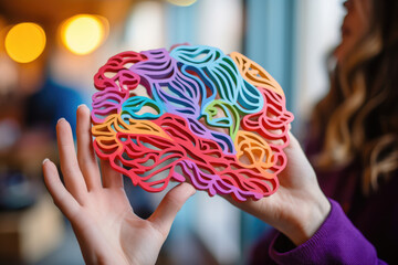 Woman's hands gently hold a colorful brain, symbolizing the richness of neurodiversity and the distinctiveness of people's abilities