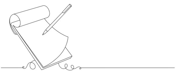 Opened book and pen in line art drawing. Education study and knowledge library concept in simple linear style. Doodle vector illustration © sense