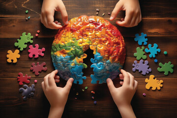 Children's hands fold puzzles of the human brain colored illustrating Neuro diversity - obrazy, fototapety, plakaty