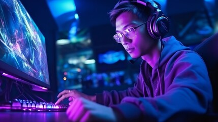 Young confident Asian man playing online computer video game, colorful lighting broadcast streaming...