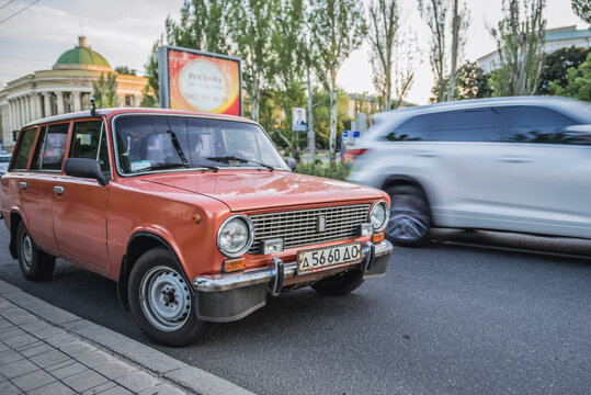 Donetsk, Ukraine - May 20, 2014: Lada 1200 combi in Donetsk during Russo-Ukrainian War in Donbas region