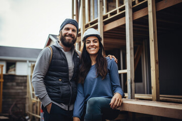 Obraz premium United team of builders: a smiling couple showcasing gender equality in the construction sector