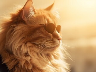 Stylish cat posing in sunglasses. Close portrait of furry kitty in fashion style. Illustration for...