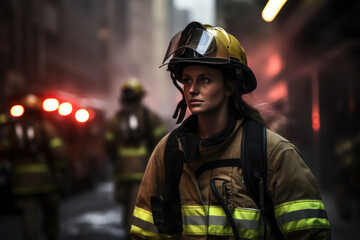 Female empowerment: a firefighter in action, inspiring others and proving that gender knows no boundaries in professions - obrazy, fototapety, plakaty