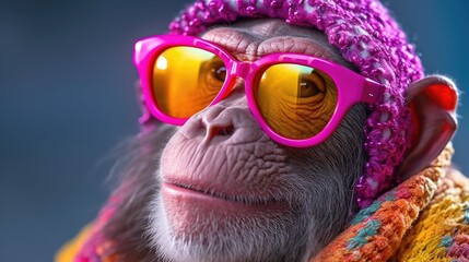 Dressed anthropomorphic monkey wearing sunglasses. Human characters through animals. Illustration of an elegant chimpanzee. Creative idea. Design for banner, flyer, poster, cover or brochure.