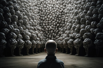 Conceptual illustration of Neurodiversity: a person stands apart from a multitude of brains, symbolizing individuality within diversity - obrazy, fototapety, plakaty