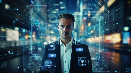 Male eye scan, concept of biometric data and advanced artificial intelligence