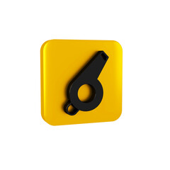 Black Whistle icon isolated on transparent background. Referee symbol. Fitness and sport sign. Yellow square button.