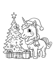 Outline illustration of unicorn with Christmas tree