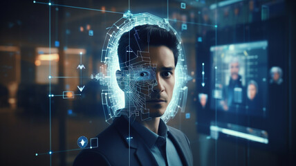 Male eye scan, concept of biometric data and advanced artificial intelligence