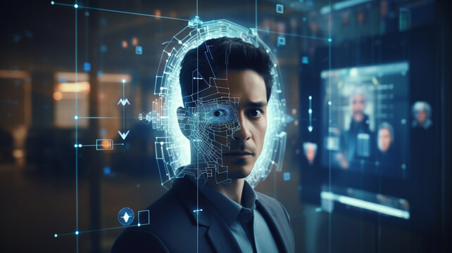 Male eye scan, concept of biometric data and advanced artificial intelligence