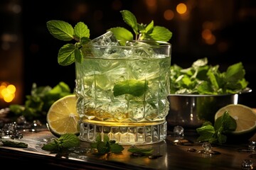 A sprig of mint being gently muddled in a glass of fruity cocktail.
