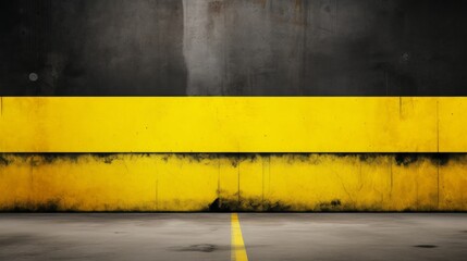 Warning danger background with yellow and black stripes painted over yellow concrete wall facade texture and empty space for text message in the middle. Concept image for caution, danger and hazard.