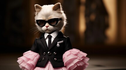 a cat in suit and sunglasses, sitting in a pink tutu skirt