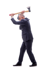 Old businessman holding hatchet isolated on white