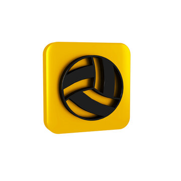 Black Volleyball ball icon isolated on transparent background. Sport equipment. Yellow square button.